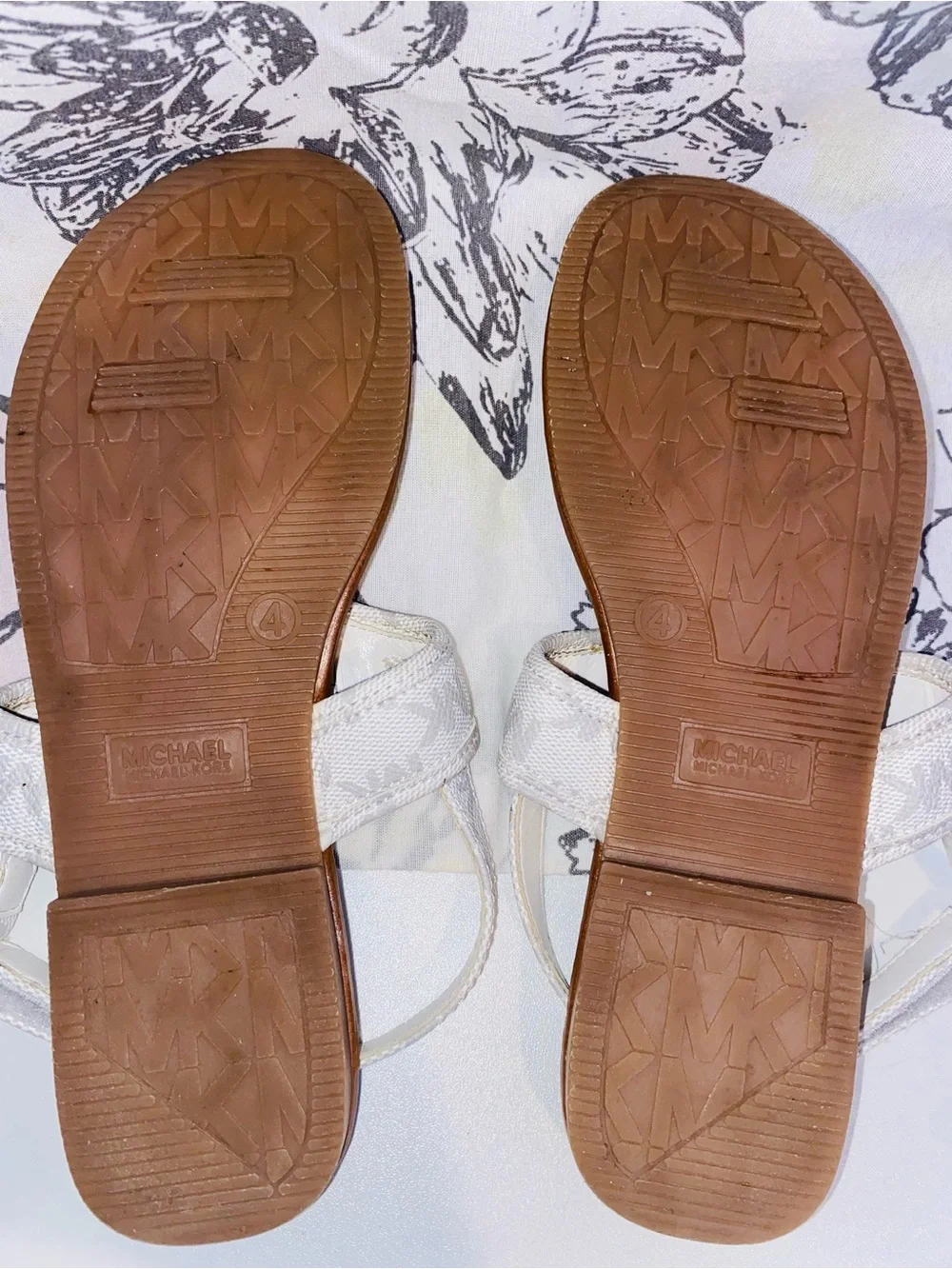 Michael Kors White Logo Thong Sandals with Gold MK Emblems